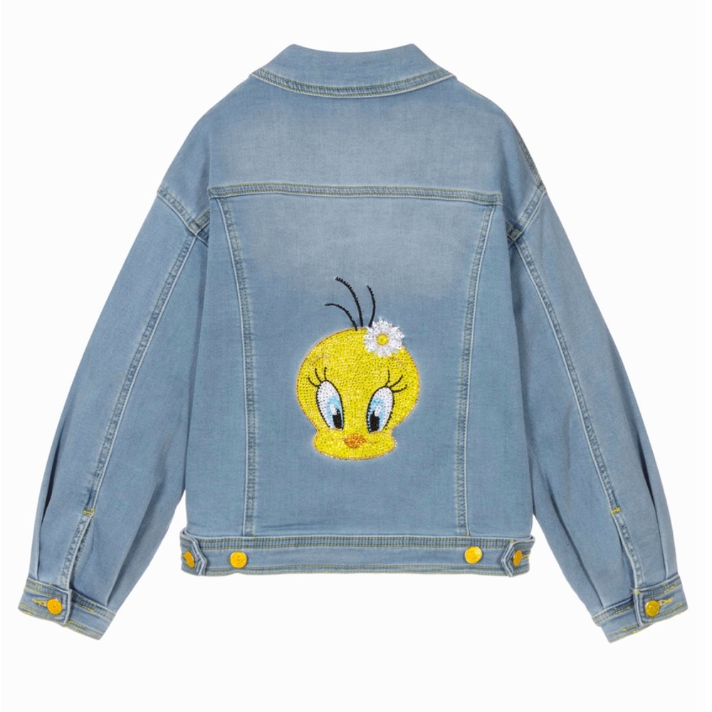 MONNALISA Tweety Jacket Light Wash Embroidery Crystals Fun Cute Girly Denim Look